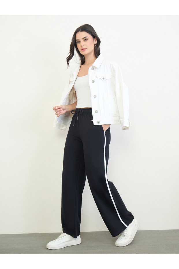 Black Wide Leg Joggers With Side Tape Detail