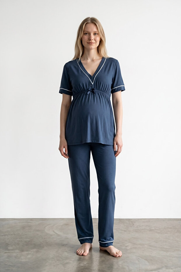 Venera Premium Contrast Piping Luxury Maternity & Postpartum Pajama Set with Easy Breastfeeding Feature