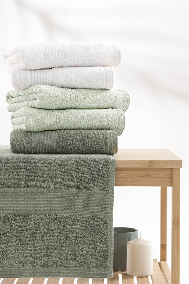 Balera 6-Piece 100% Cotton Hand & Face Towel Set - Sage/Ecru/Green