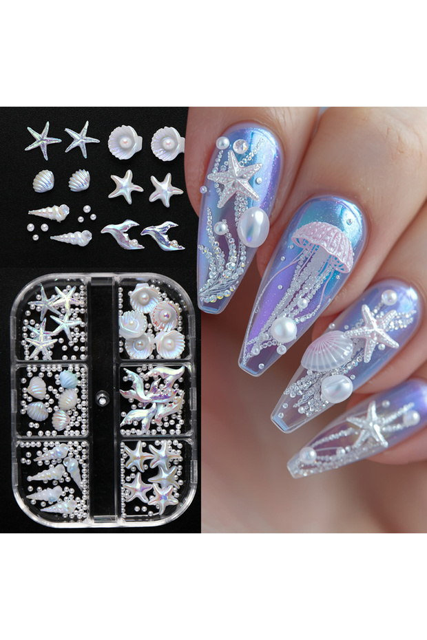 S-307 6Grids Pearlescent Shell Nail Charms Mini White Starfish, Shells, Pearl Design Ice-Clear Auror