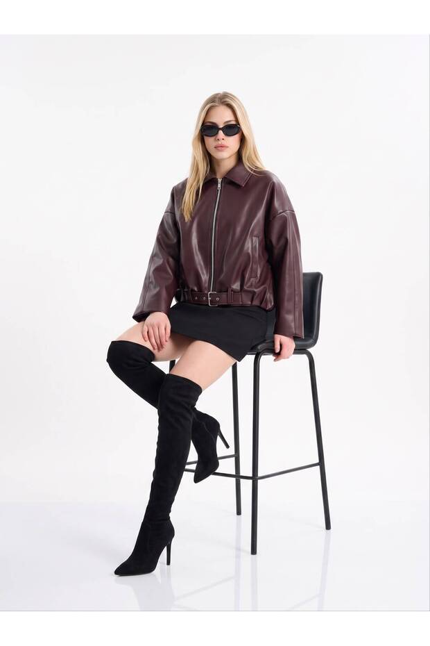 Women's Black Oversize Belt Detailed Comfortable Fit Zippered Bomber Leather Jacket