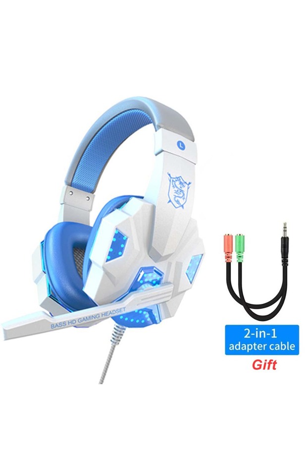 WhiteBlue with Light RGB LED Light Gaming Headsets With Mic Low Latency 3.5mm Wired Gaming Headphone