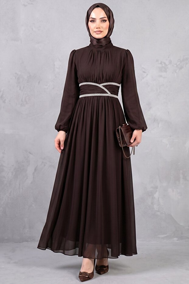Brown Stone Embellished Chiffon Evening Dress - Sparkling Fabric Stylish Dress