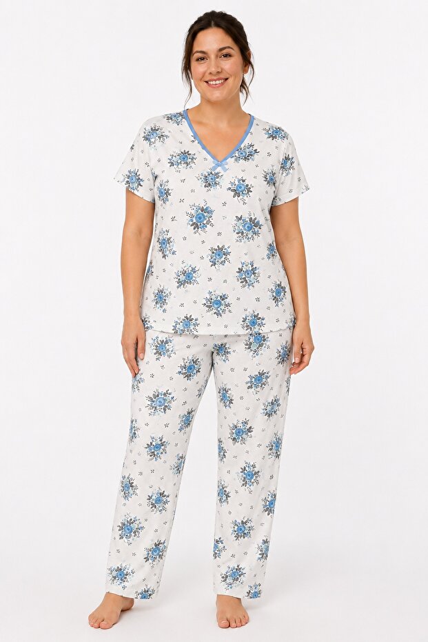 Mother's Pajama Set, Ribbed V-Neck, Short Sleeves, 100% Combed Cotton, Without Pockets, Blue Floral Pattern