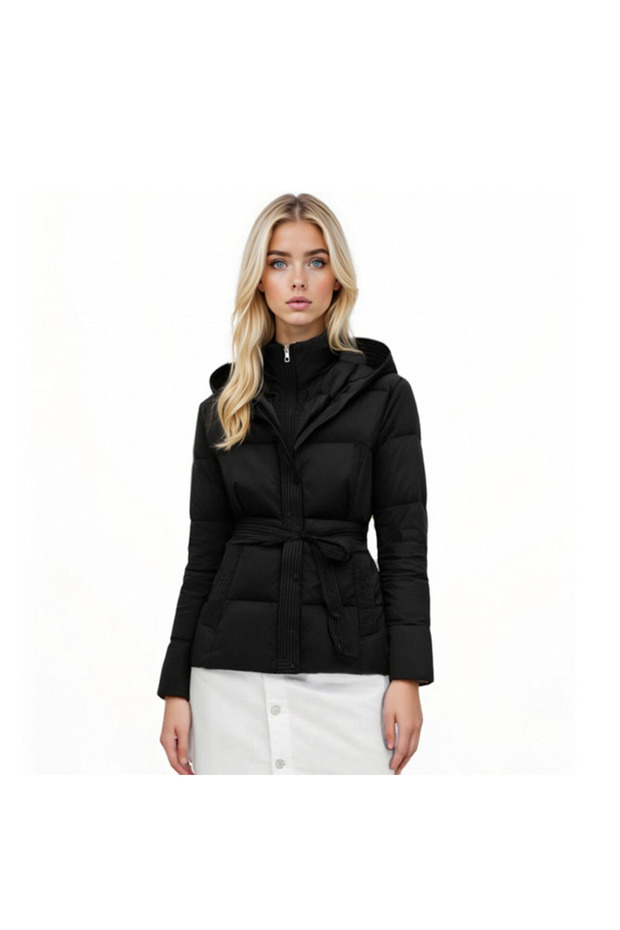 F13.Women's Puffer Hooded Zipper Coat, with Belt
