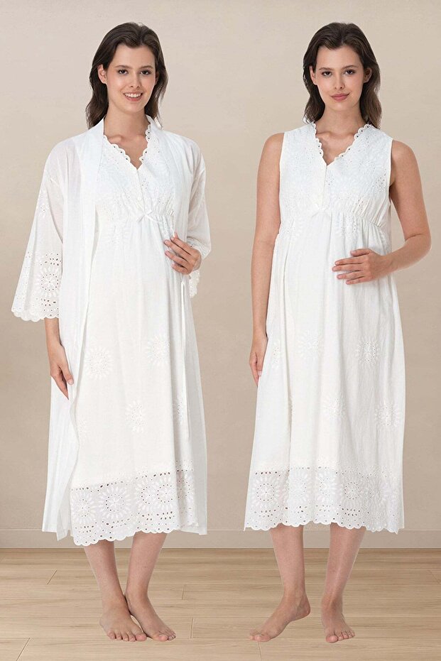 Scalloped Fabric Maternity Nightgown Set with Nursing Features and Robe