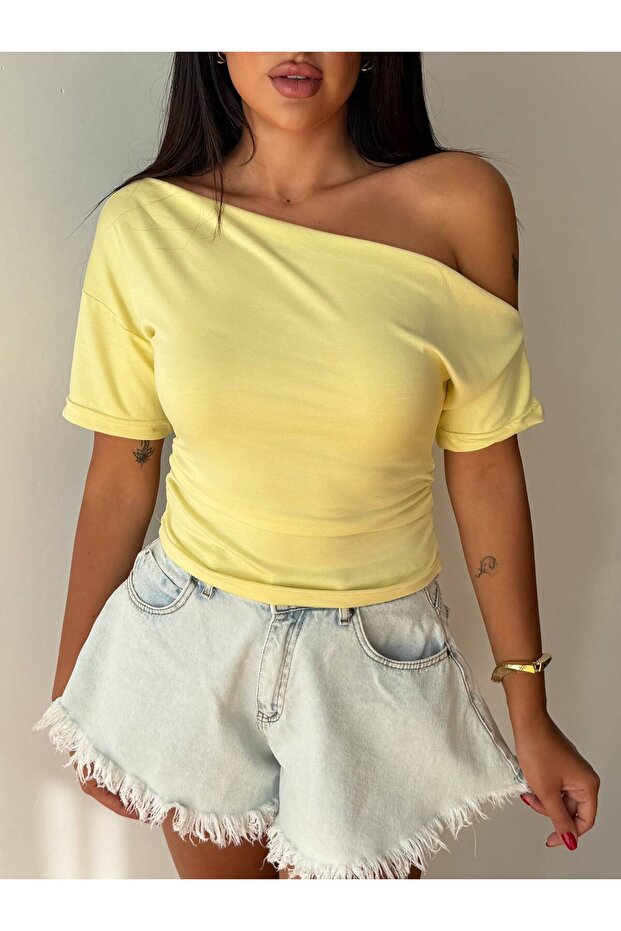 Women's Yellow One-Shoulder Boat Neck Side Gathered Oysho Blouse Frv0215