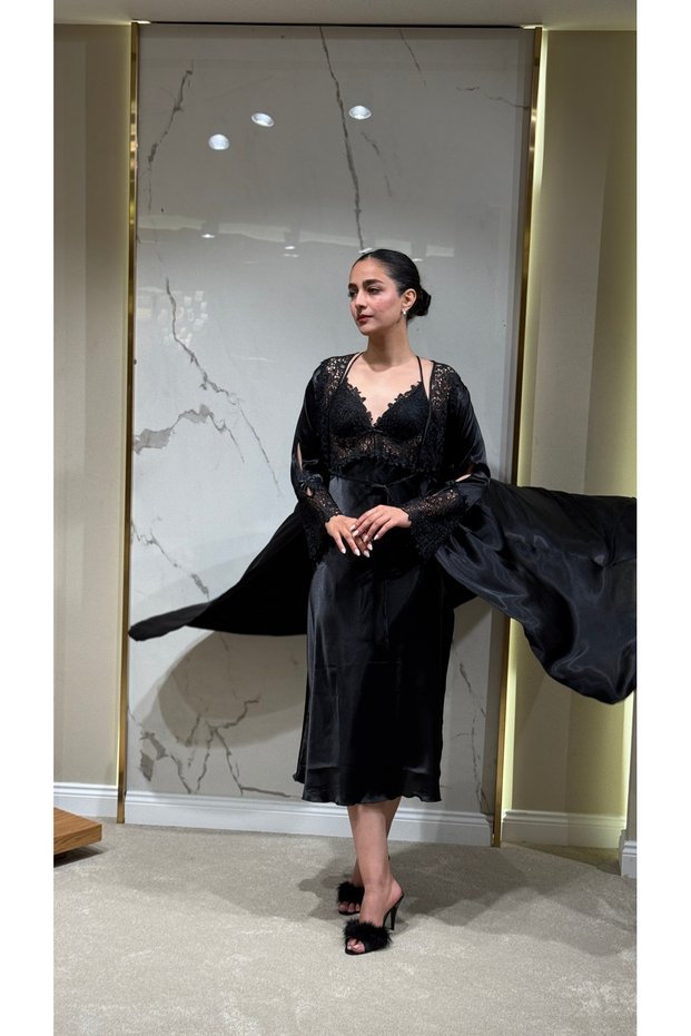 2 Piece Satin Slit Lace Embroidered Nightgown Dressing Gown Set Dowry Bride Bride