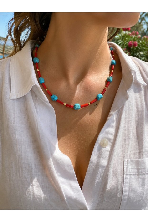 Turquoise Stone Coral Color Beaded Summer Necklace