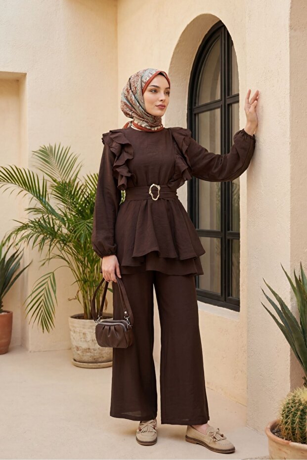 Voile Suit with Ruffled Front, Segmented Sleeves and Elasticated Trousers - Dark Brown