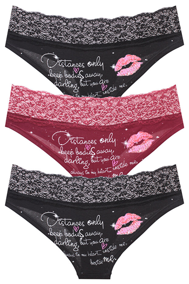 Printed Back Cotton - Lace Waist Hipboxer Patterned Panties 3-Pack W-4293 R1-2