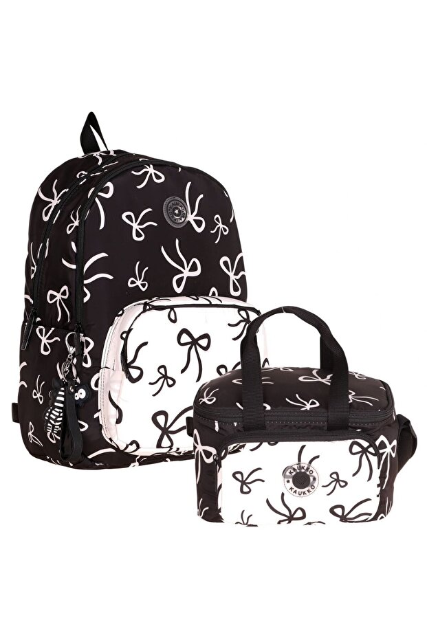 Bow Girl's Black - White Bow Printed School Bag and Lunch Bag Set - Setkk-K1885B
