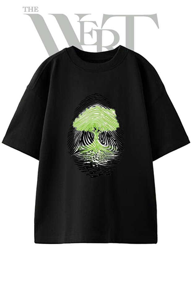 Agac Fingerprint Design Printed Unisex Black Oversize T-Shirt