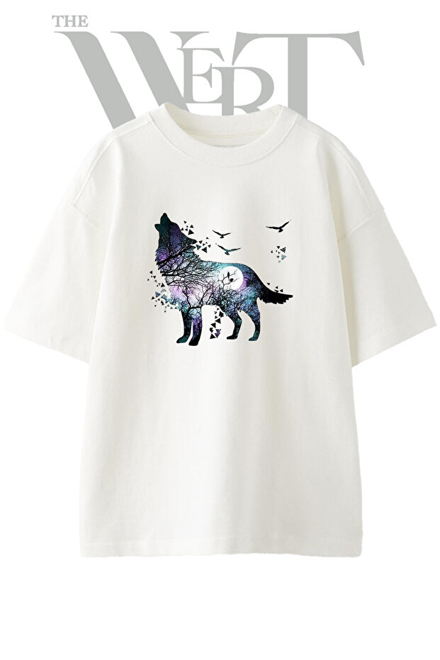 Wolf Night Sky Design Printed Unisex White Oversize T-Shirt