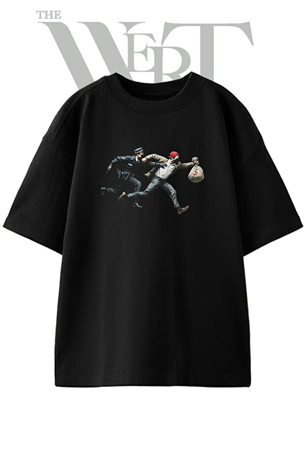 Banksy Police Thief Design Printed Unisex Black Oversize T-Shirt