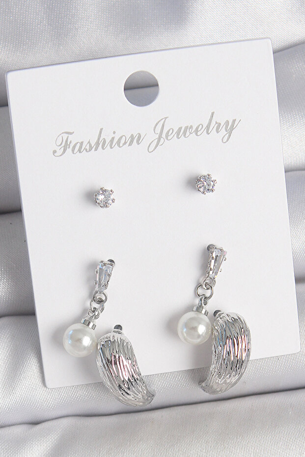 Brass Silver Color Dangle Zircon Stone Drop Model 3 Pair Women's Earring Set