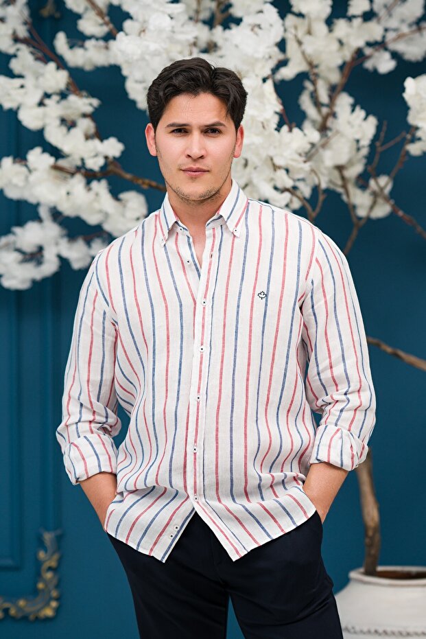 Regular Fit Buttoned Collar Striped Raw Linen Shirt