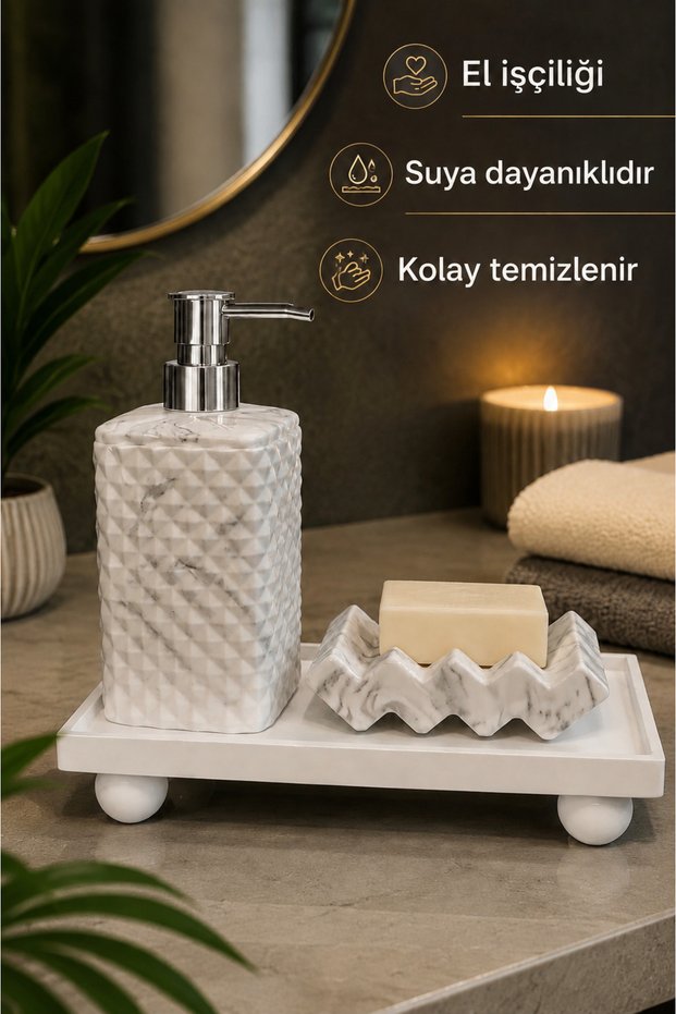 Marble Patterned Concrete 3-Piece Bathroom Wc Set Liquid Soap Dispenser Presentation Tray Solid Soap Dispenser Decorative Bathroom Accessory