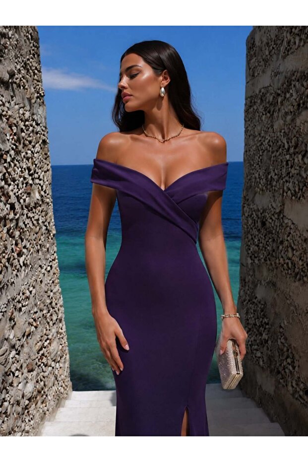 Purple Glitter Boat Neck Slit Fish Model Evening Dress 582013