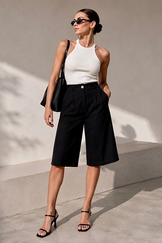 Pleated Buttoned Fabric Capri Shorts – Below Knee Length High Waist Stylish Women's Shorts My3534