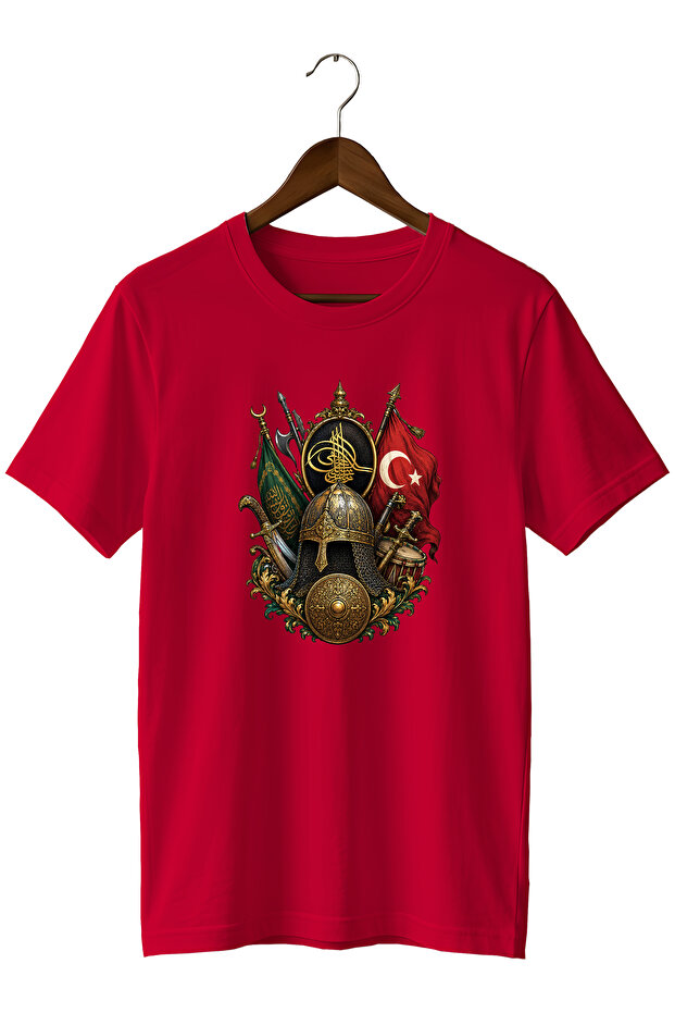 Ottoman Empire Tughra and Warrior Symbols Printed Unisex T-Shirt – Design with Historical Turkish Motifs
