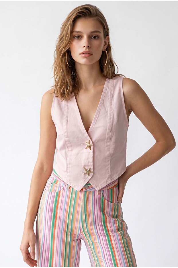2209 Women's Starfish Buttoned V-Neck Short Vest Pink