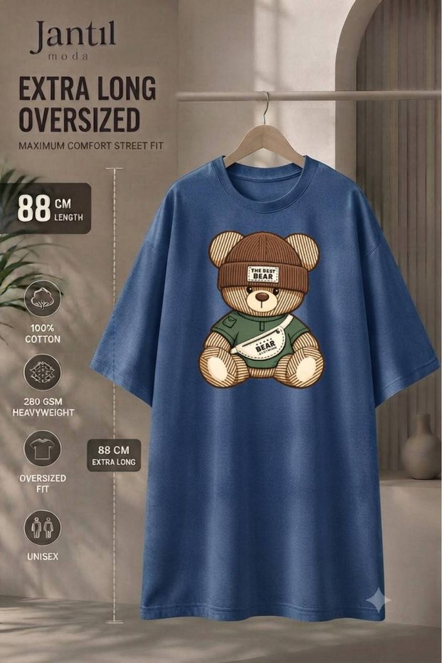 Crew Neck Bear Print Extra Long Oversize Tunic T-Shirt with Beret and Bag Short Sleeve