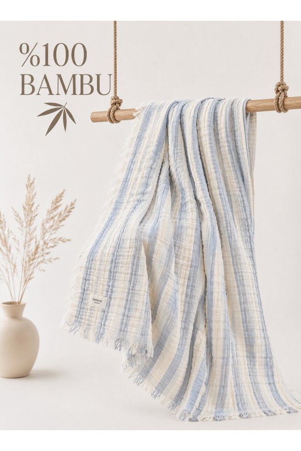 100% Bamboo Muslin Baby Blanket with Blue Stripes – Double Layer Breathable Soft Multi-Purpose Blanket 85X95 cm