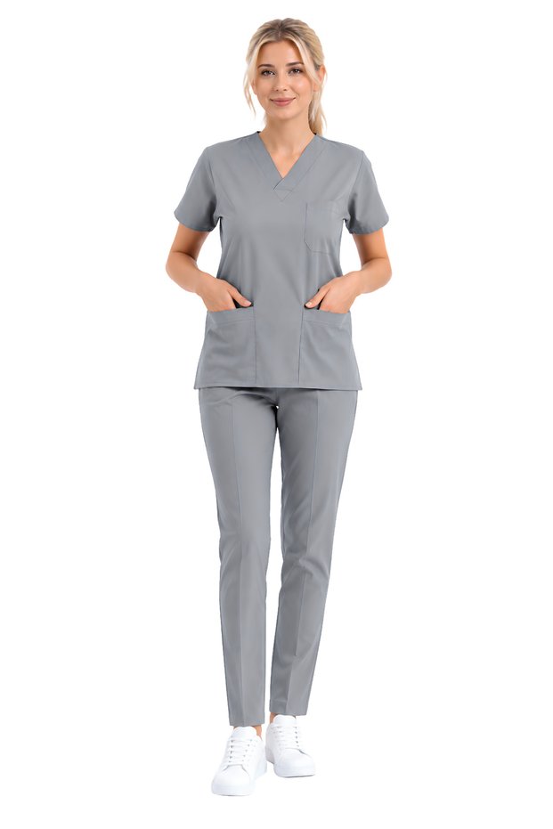 Unisex Lycra Nurse Doctor Uniform Set Anti-Sweat Fabric Scrubs Hospital Uniform Gray/Neutral Gray