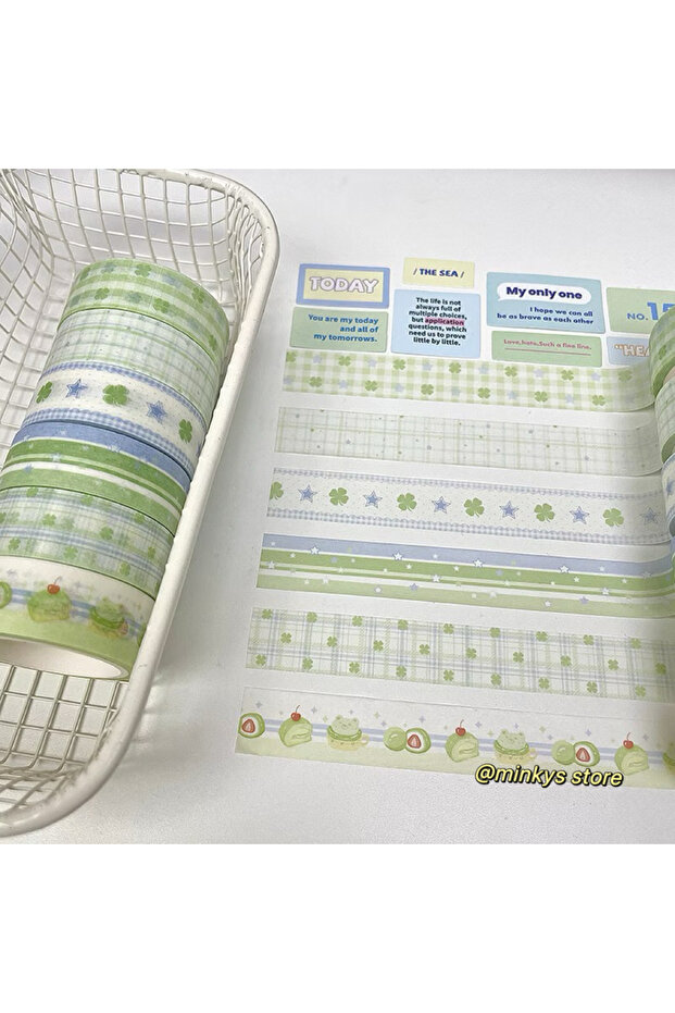 A 6pcs/Pack Kawaii Green Four-Leaf Clover Butterfly Bow Washi Tape Set DIY Hand Book Decorative Mask