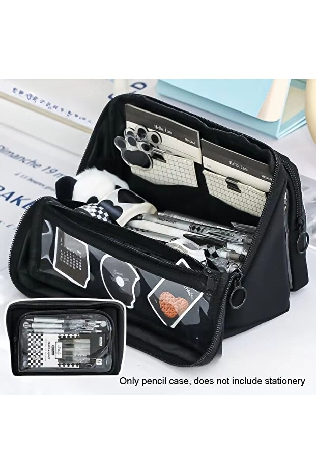 Black Large Capacity Transparent Pencil Case Zipper Multifunctional Transparent Pen Bag DIY Solid Co