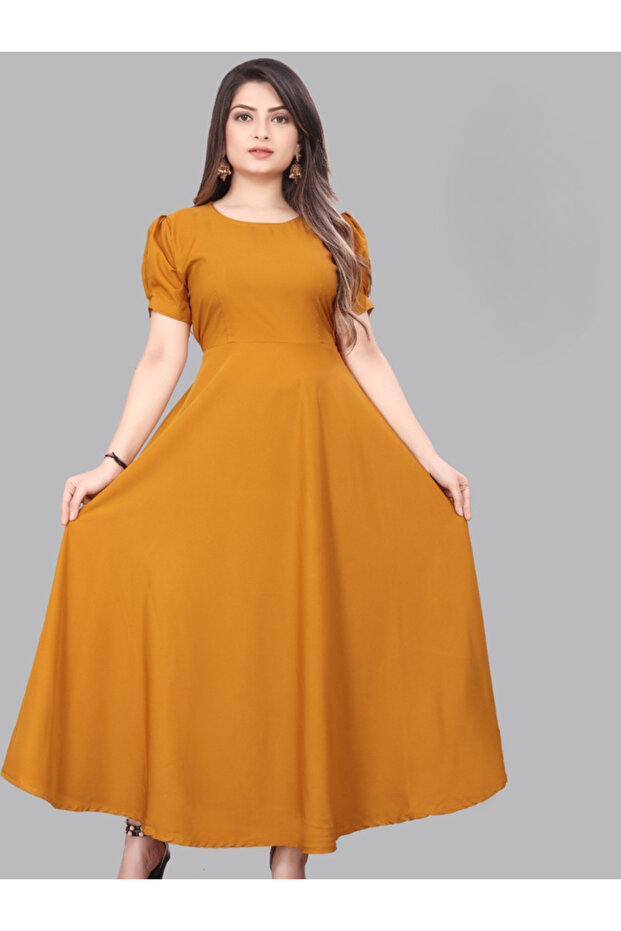 Yellow Printed Poly Crepe Gown - FFT8091 | Yellow-Size:M-38-Inches