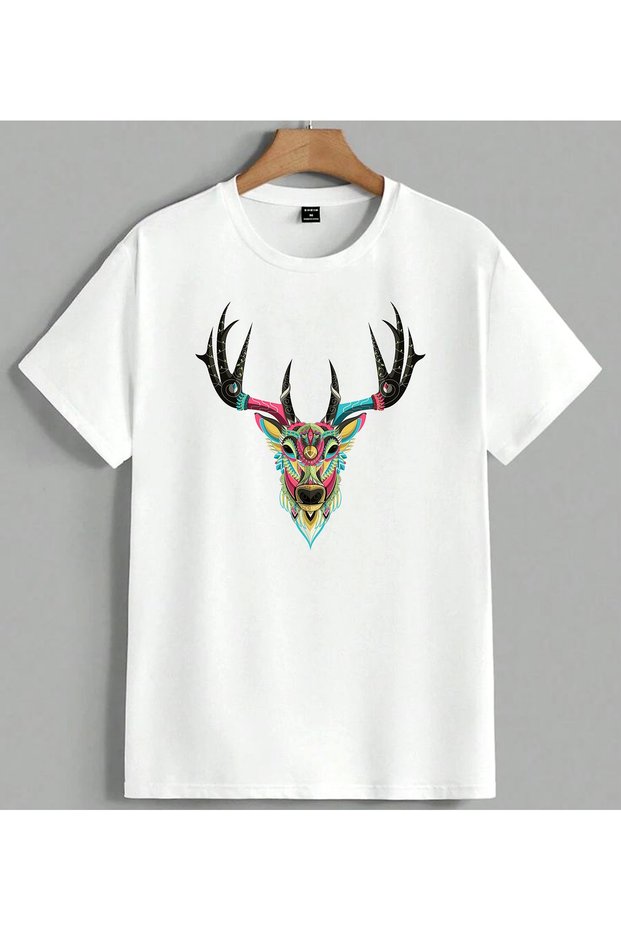 Colorful Deer Decorative Art Printed Unisex Oversize T-Shirt White