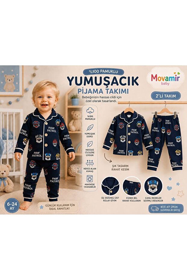 Boy's Navy Blue Front Buttoned Patterned Top and Bottom Pajama Set, 100% Cotton