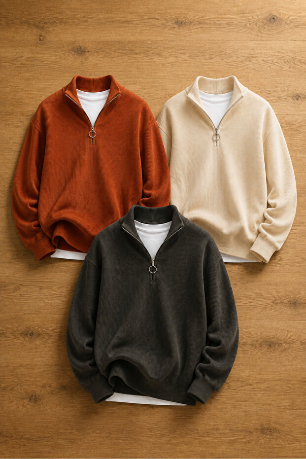 Advantageous 3-Piece Set Premium Men's Casual Half-Zipper Winter Knitwear Thessaloniki Sweater