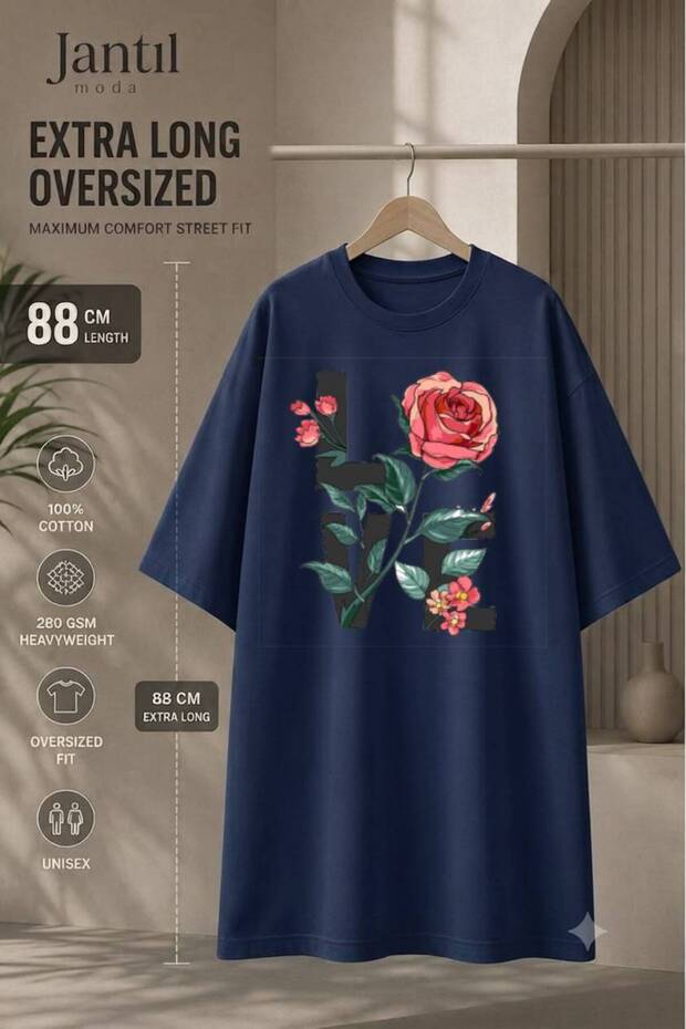 Crew Neck Black Lettered and Rose Motif Love Written Extra Long Oversize Tunic T-Shirt Short Sleeve