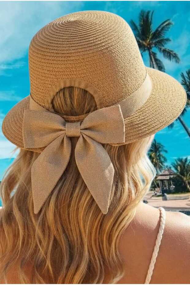 Women's Adjustable Straw Hat with Back Bow Bohemian Beach Sun Hat