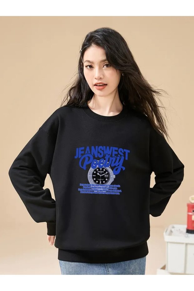 Women's Black Jeanswest Printed Crew Neck Sweatshirt
