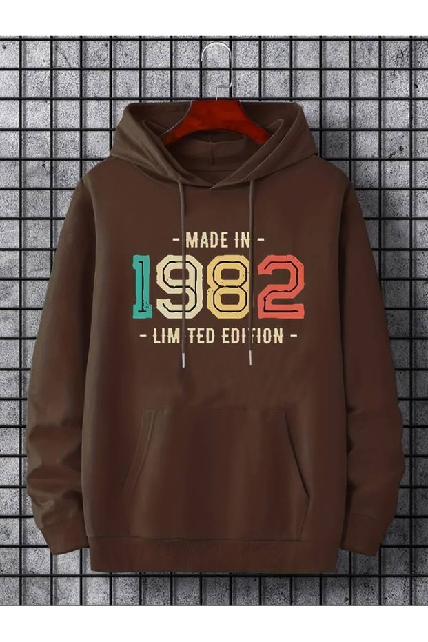 Men's Brown Made in 1982 Printed 3 Thread Hooded Hoodie Sweatshirt