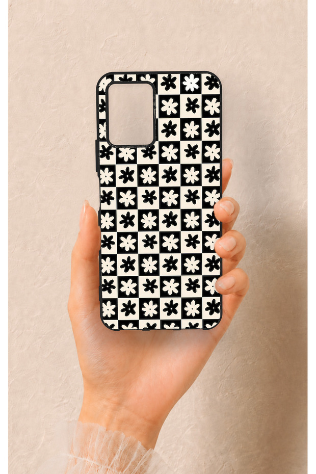 Vivo Y21S Compatible Flower Motif Checkered Pattern Silicone Case