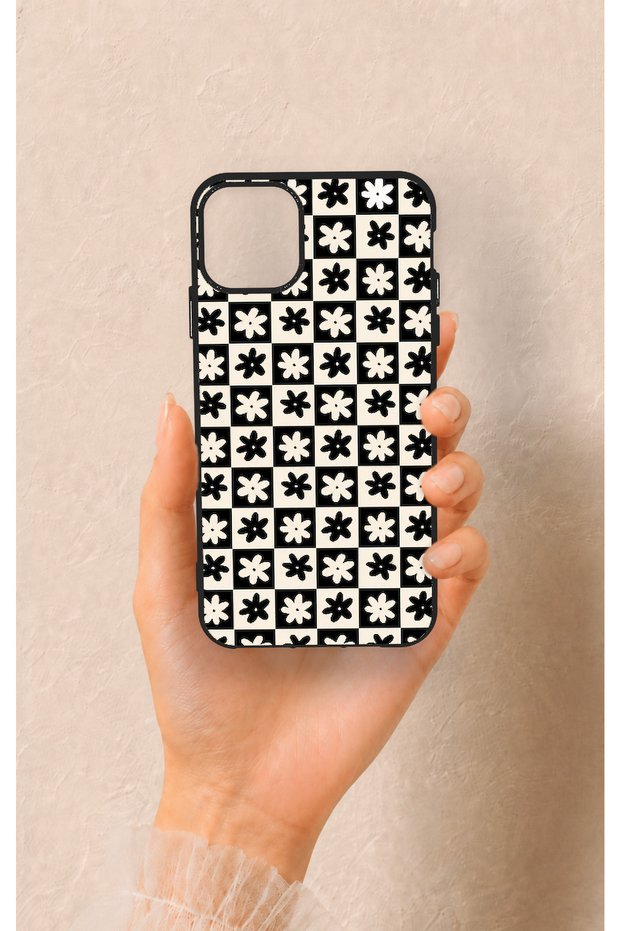 iPhone 11 Pro Max Compatible Flower Motif Checkered Pattern Silicone Case