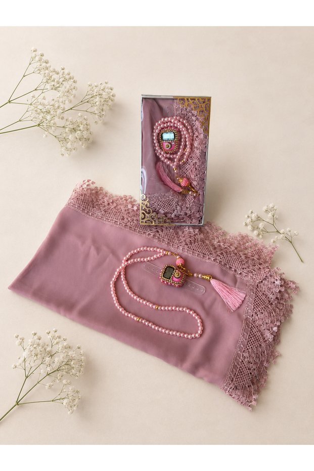 Prayer cover (with lace), stone zikirmatik and 99 glass beads rosary.