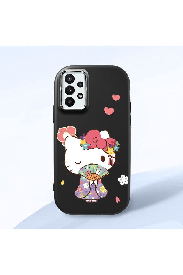 Samsung Galaxy A23 Compatible Case Camera Protector Black Silicone Couple Phone Case Kitty Pattern