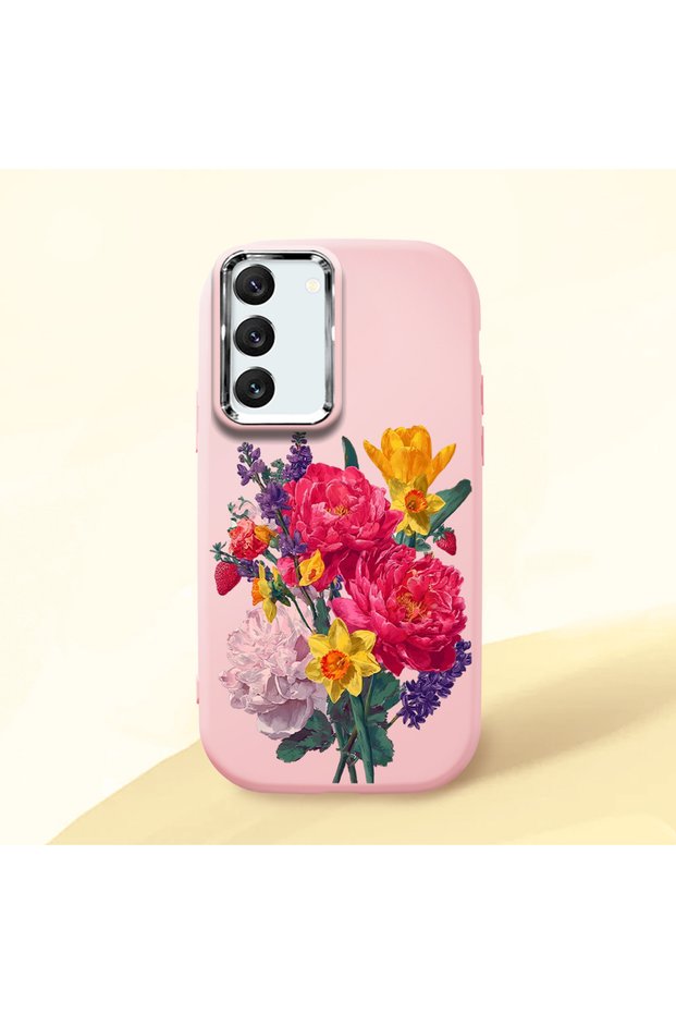 Samsung Galaxy S22 Compatible Case Camera Protector Pink Silicone Couple Phone Case with Floral Pattern