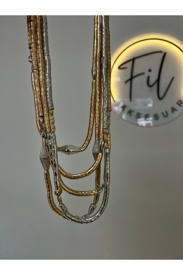 Women's Mix Metal Multi-Layered Necklace Gold Silver Bronze Color Gradient Tube Bead Detailed Chain