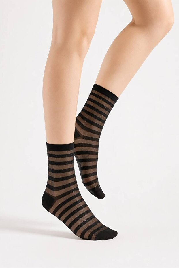 Women's Black Glittery Striped Tulle Socks - Transparent Socks