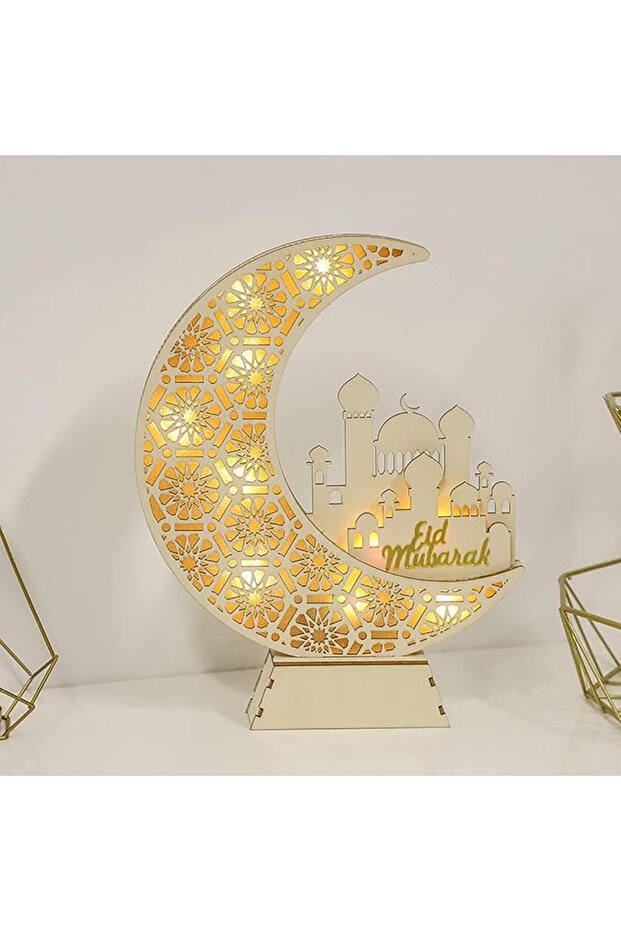 إضاءة ليلية لرمضان، مصباح زينة للعيد، مصباح رمضان مبارك، إضاءة على شكل هلال ونجمة، مصباح طاولة خشبي