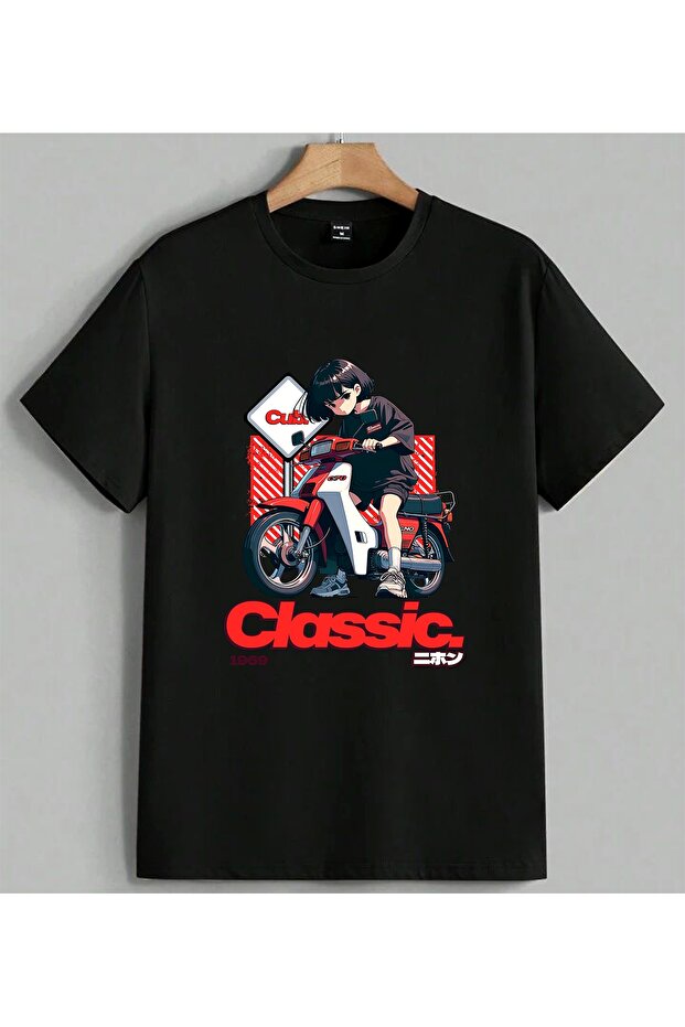 Classic Biker Girl Motorcycle Printed Unisex Oversize T-Shirt Black
