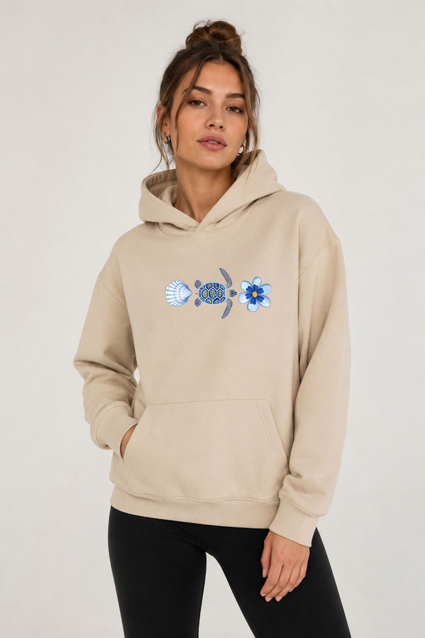 Sea Themed Turtle Printed Hooded 2 Thread Threaded Sweatshirt