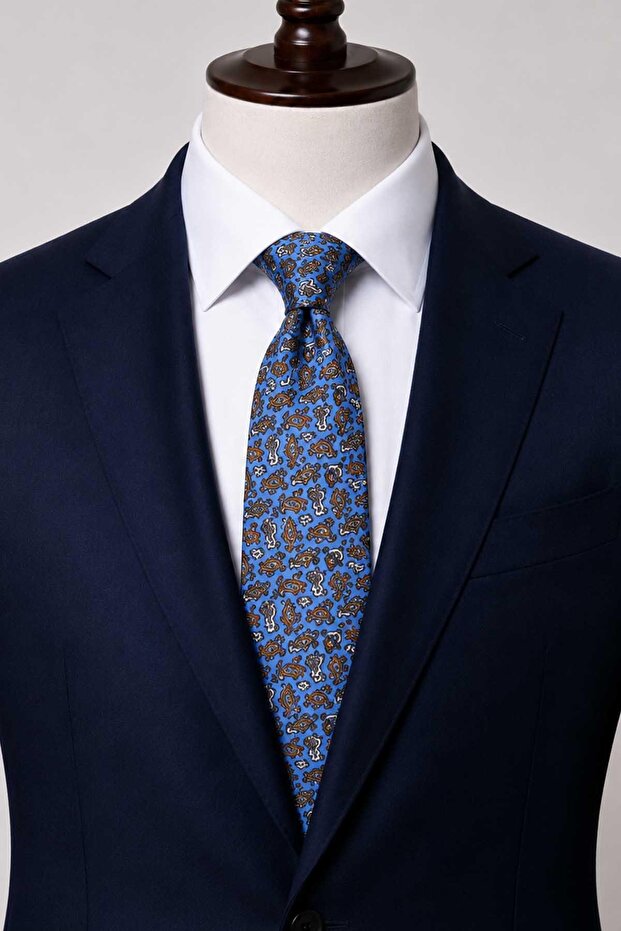 Blue Shawl Pattern Italian Silk Tie İk2562